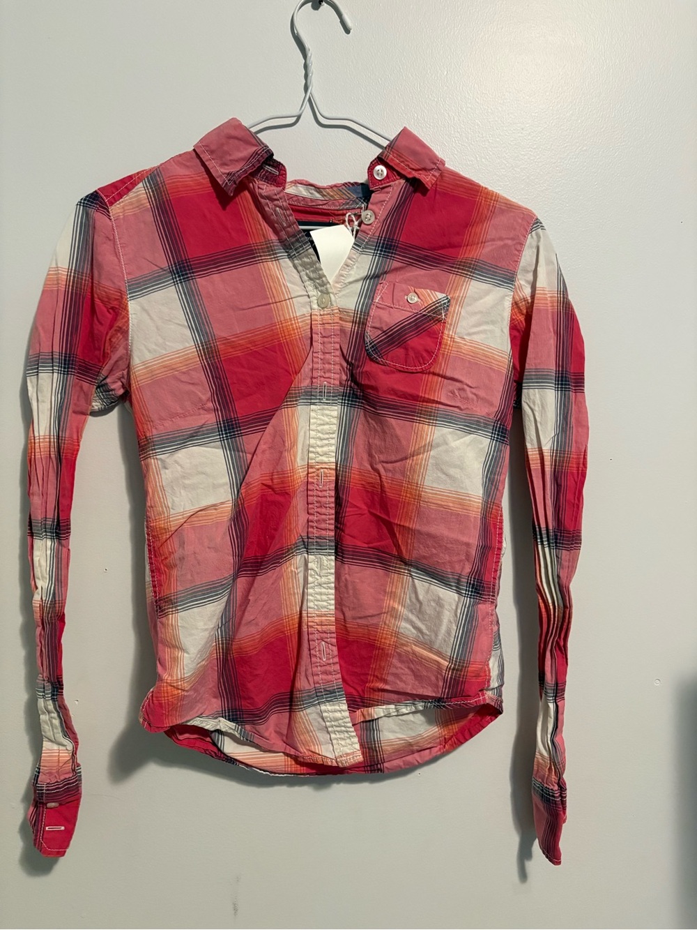 American Eagle Outfitters Pink and White Plaid Button-Down Shirt